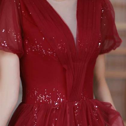 V-neck Prom Gowns, Red Party Dresses,sweet Evening..
