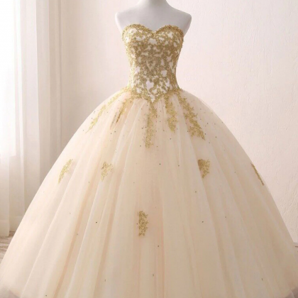 Champagne Sweetheart Neck Tulle Long Prom Gown,..