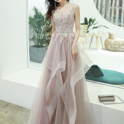 Champagne V Neck Lace Long Prom Dresses, Champagne..