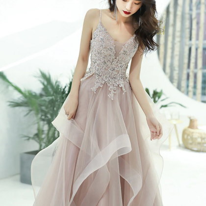 Champagne V Neck Lace Long Prom Dresses, Champagne..