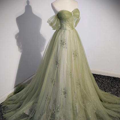Aline Green Long Prom Dress, Green Tulle Formal..