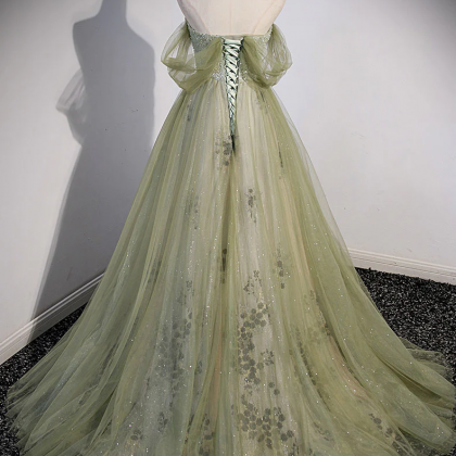 Aline Green Long Prom Dress, Green Tulle Formal..