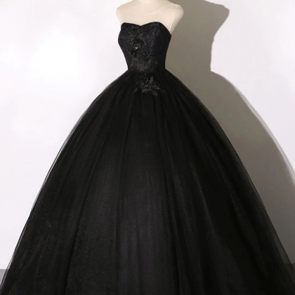 Black Tulle Lace Long Prom Dress, Black Lace Sweet..