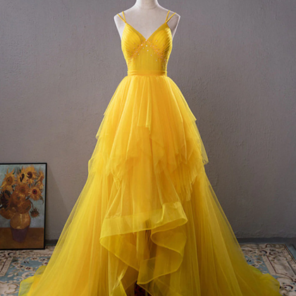 Yellow V Neck Tulle Long Prom Dress High Low Long..