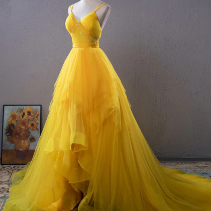 Yellow V Neck Tulle Long Prom Dress High Low Long..