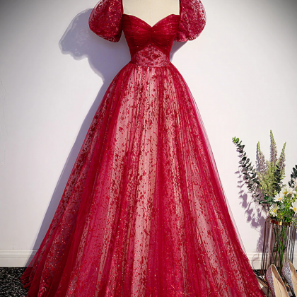 A Line Burgundy Tulle Sequin Long Prom Dress,..