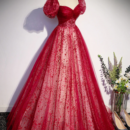 A Line Burgundy Tulle Sequin Long Prom Dress,..