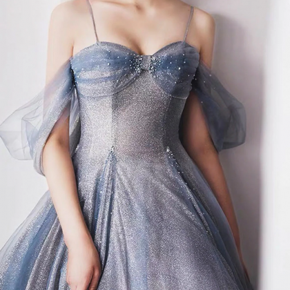 Blue Sweetheart Tulle Long Prom Dress, Tulle..