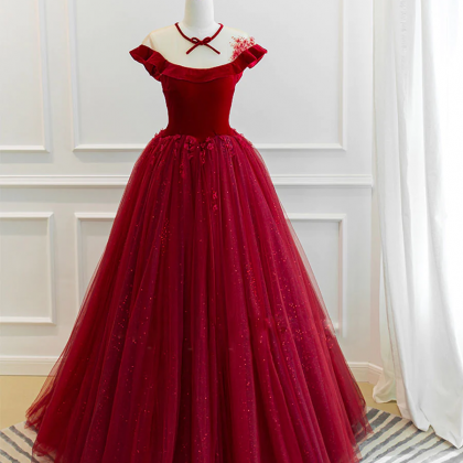 Burgundy Tulle Off Shoulder Long Prom Dress,..