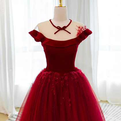 Burgundy Tulle Off Shoulder Long Prom Dress,..