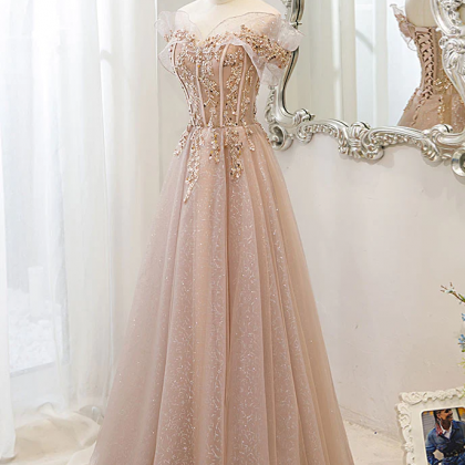Champagne Tulle Lace Off Shoulder Long Prom Dress,..