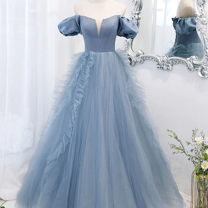 Blue Tulle Off Shoulder Long Prom Dress, Blue..