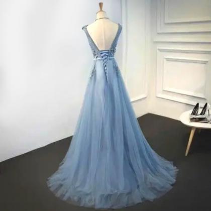 V-neck Dusty Blue Long Evening Prom Dresses, Long..