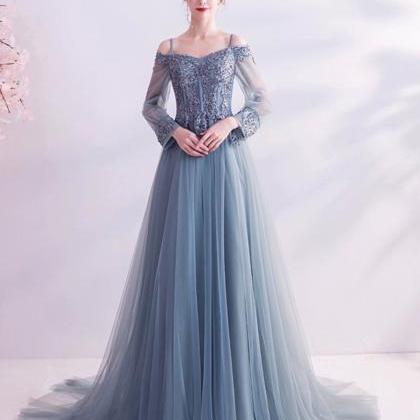 Long Sleeve Blue Long Evening Prom Dresses, Fairy..