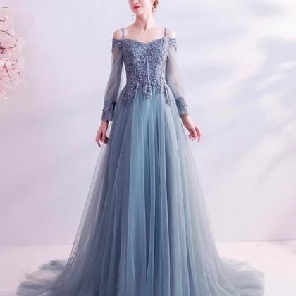 Long Sleeve Blue Long Evening Prom Dresses, Fairy..