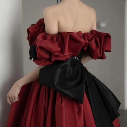 Burgundy Satin And Black Lace Floor Length Prom..