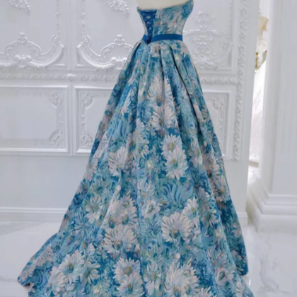 A Line Flower Jacquard Blue Long Prom Dress,..