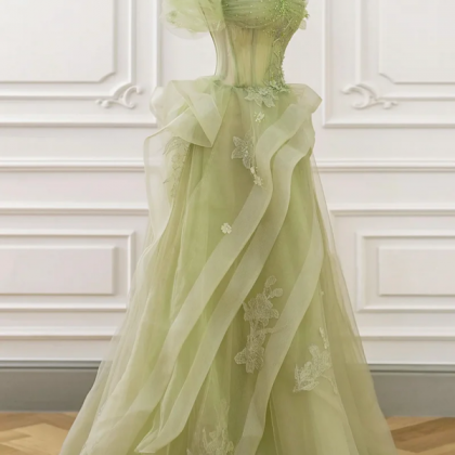 Green Tulle Lace Long Prom Dress With Corset,..