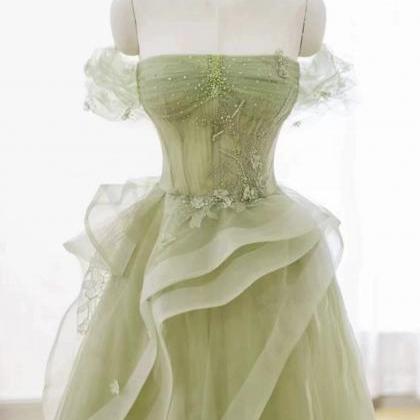 Green Tulle Lace Long Prom Dress With Corset,..