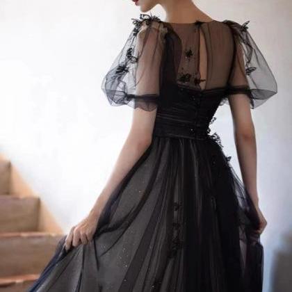 Princess Party Dress,a Line Black Puff Sleeves..