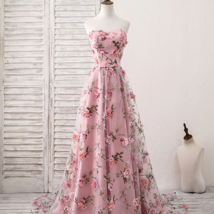 Sweet Floral Tulle Prom Dress, Long Pink Evening..