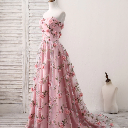 Sweet Floral Tulle Prom Dress, Long Pink Evening..