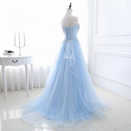 Light Blue Evening Gown, Strapless Evening Gown,..