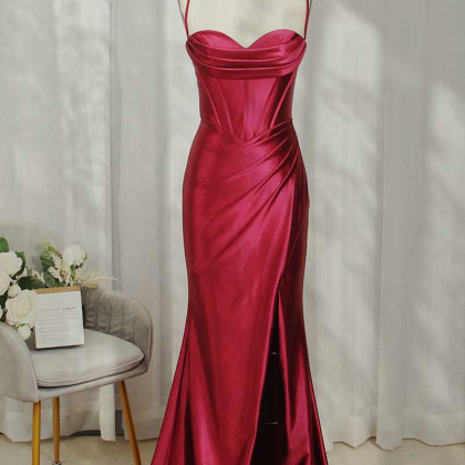 Burgundy Long Prom Dress, Satin Sexy Red Evening..