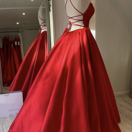 Red Satin Long Prom Dress A Line Evening..