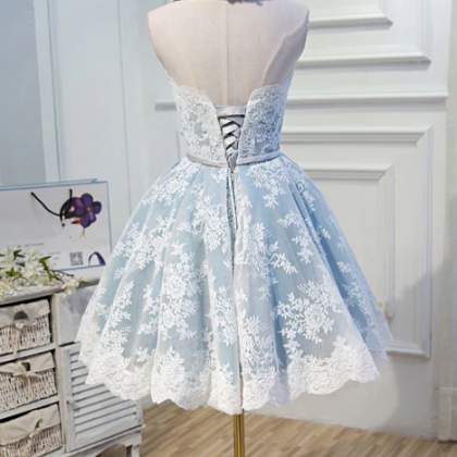 Sky Blue Cute Halter Short Homecoming Dress Lace..