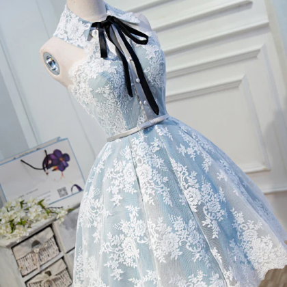 Sky Blue Cute Halter Short Homecoming Dress Lace..