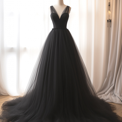 V Neck Evening Dress Tulle Black Long Prom Dress..