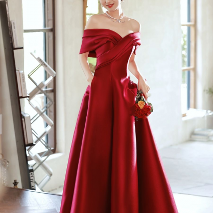 Off Shoulder Evening Dress Satin Red Charming Prom..