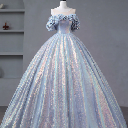 Sparkling Sequin Ball Gown,light Blue Party Dress..