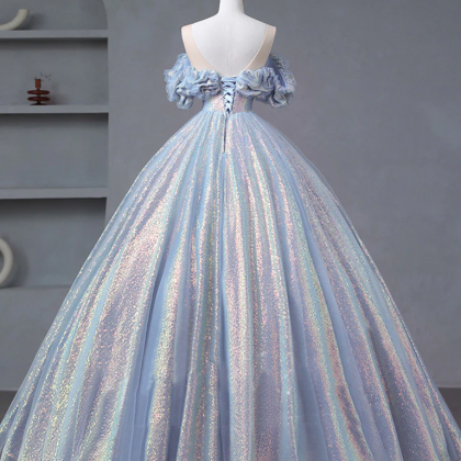 Sparkling Sequin Ball Gown,light Blue Party Dress..