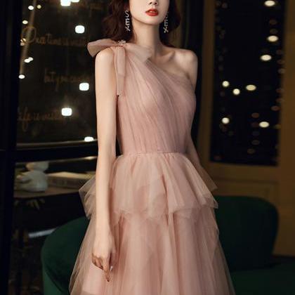 One Shoulder Evening Dres Tulle Pink Cute..