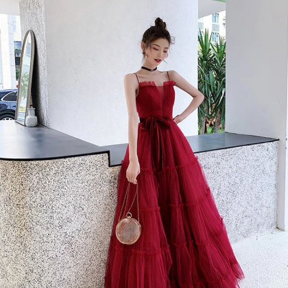 Straps Pary Dresses Burgundy A-line Tulle Cute..