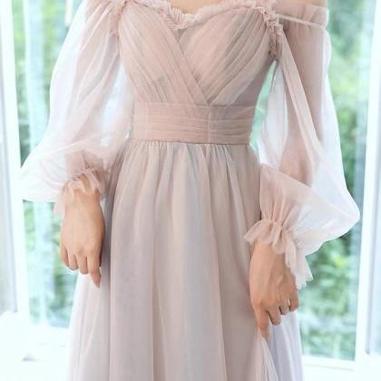 Straps Long Tulle Prom Dress, A-line Evening Dress..