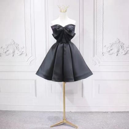 Bow Evening Dress Satin Black Cute Homecoming..