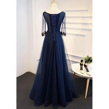 Long Sleeve Tulle Party Dress, Elegant Navy Blue..