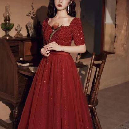Long Sleeve Tulle Party Dress, Charming Red Formal..
