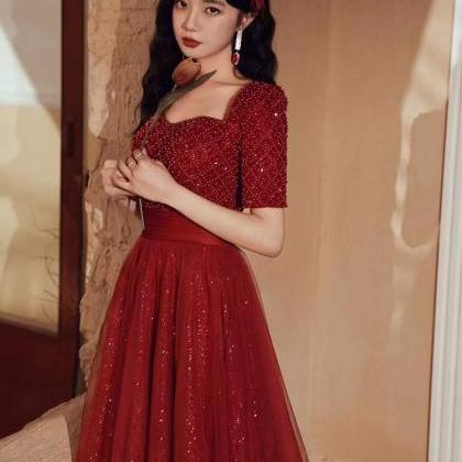 Long Sleeve Tulle Party Dress, Charming Red Formal..