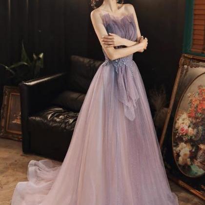Strapless Tulle Party Dress, Glitter Purple Prom..