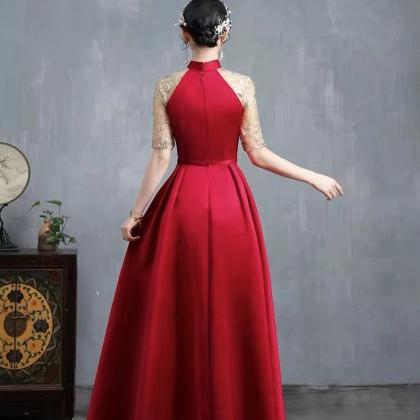 Halter Neck Satin Party Dress, Formal Red Prom..