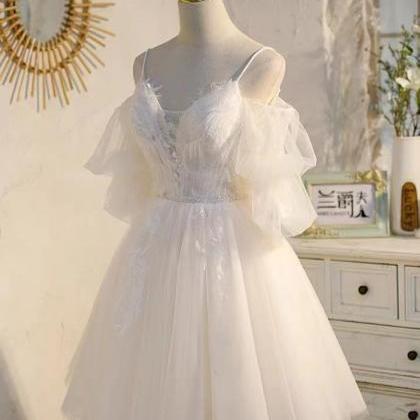 Straps Tulle Party Dress, White Homecoming Dress..