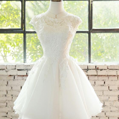 Cute White High Neck Tulle Short Prom Dress,lace..