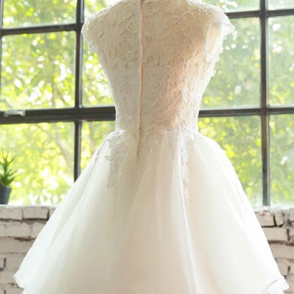 Cute White High Neck Tulle Short Prom Dress,lace..