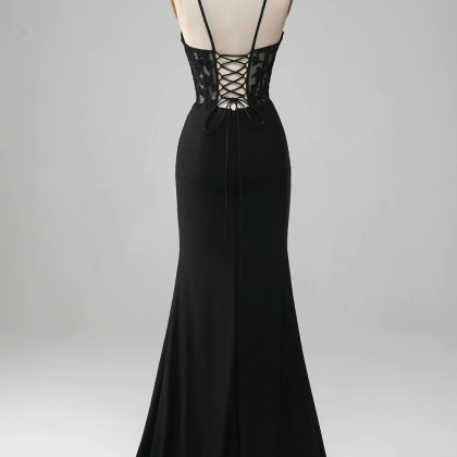 Sexy Prom Dresses, Black Mermaid Spaghetti Straps..