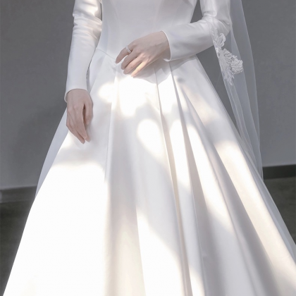 Long Sleeve Bridal Dresses, Pretty White Satin..