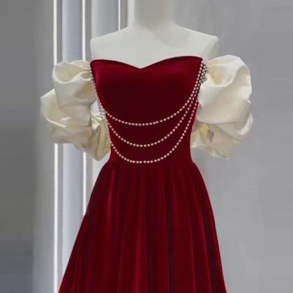 Burgundy Velvet Prom Dresses, Formal Off Shoulder..